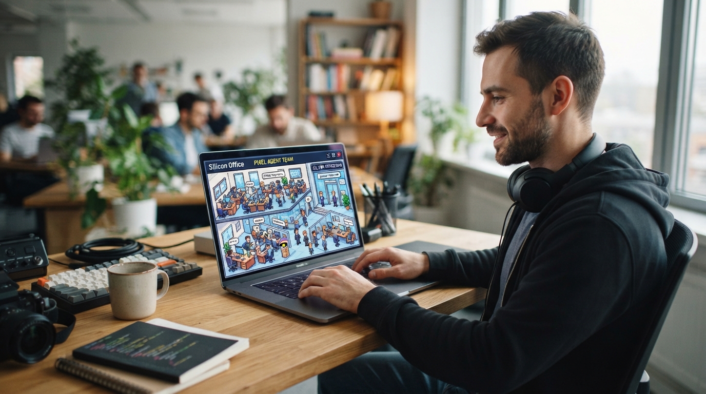 Developer Housed AI Agents in a Pixel-Art Office in "Silicon Valley" Style
