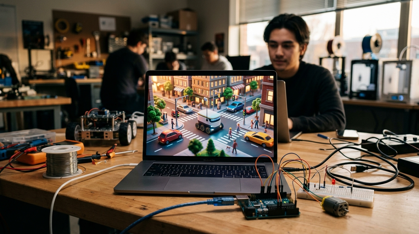Un simulador de ciudad en el navegador ejecuta un sketch de Arduino Uno en un robot mensajero de seis ruedas